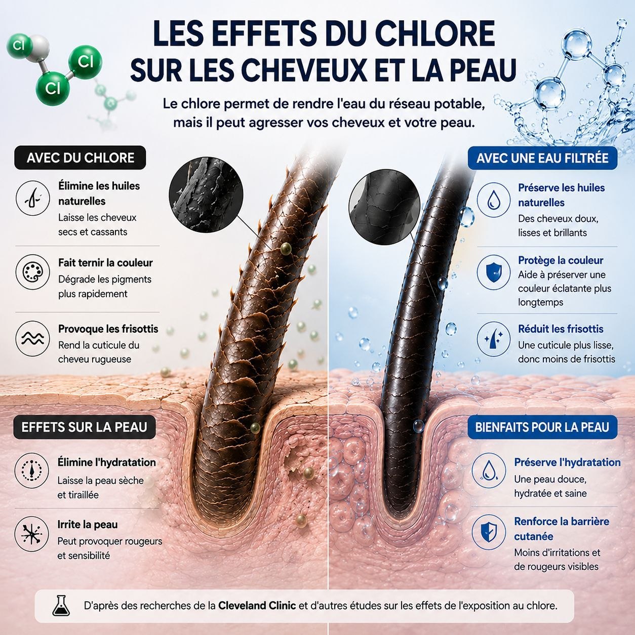 Le chlore et ses effets sur les cheveux et la peau